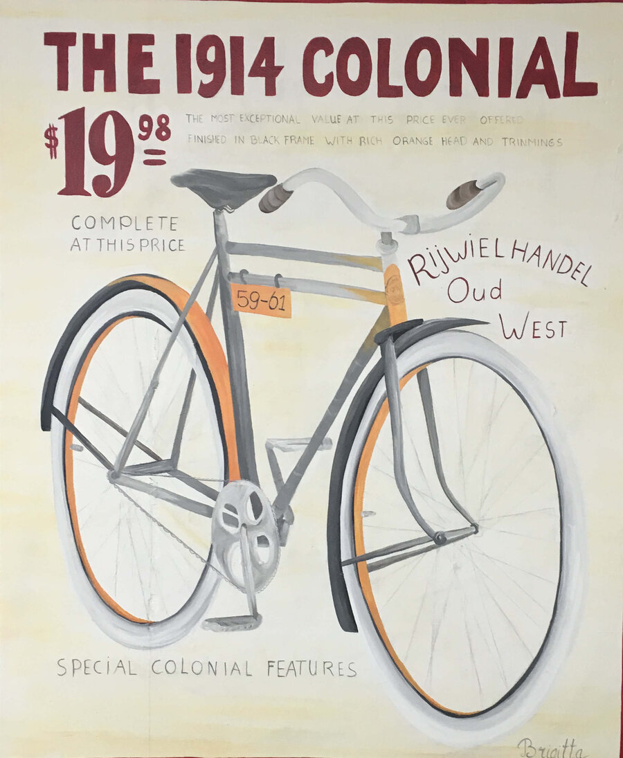 Poster 'The 1914 Colonial' met de naam Rijwielhandel Oud-West